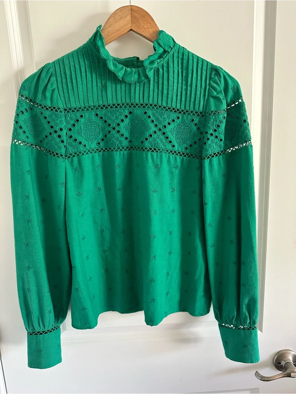 SEZANE Green Eyelash Knit Puff Sleeve Lotta Blouse with Ruffle Collar